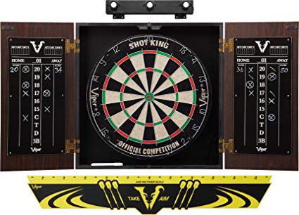 Viper Stadium Cabinet & Shot King Sisal/Bristle Dartboard Ready-to-Play Bundle with Two Sets of Steel-Tip Darts, Throw Line, and Dry Erase Scoreboards, Walnut Finish