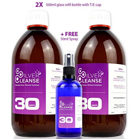 SilverCleanse Colloidal Silver 30ppm Double Pack (2x 500ml Glass Bottles & T/E Cap)   FREE FULL 50ml Spray