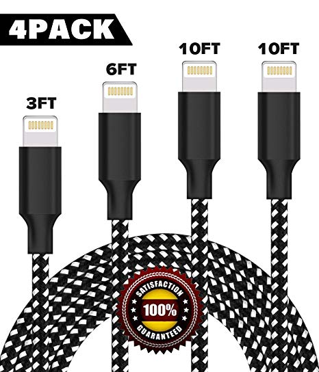 BULESK Phone Cable 4Pack 3FT 6FT 10FT 10FT Nylon Braided Phone Charger Cord Compatible Phone X Phone 8 8 Plus 7 7 Plus 6s 6s Plus 6 6 Plus Pad Pod Nano - Black White