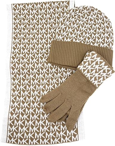 Michael Kors Women's Circle Logo Scarf, Hat, Glove Set, Camel/Cream