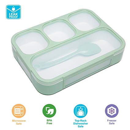 Donxote Lunch Bento Box Leak-Proof Sealing Food Container - 4 Compartments With a Spoon - BPA-free Microwave-Safe Boxes (Green)