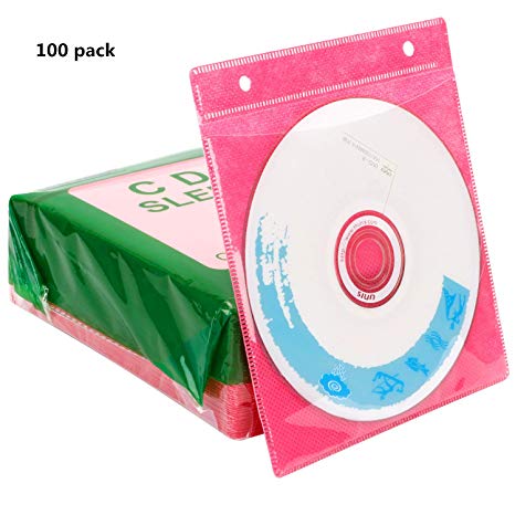 RICHEN CD/DVD/BluRay Sleeves,Double-Sided Refill Plastic Sleeve for CD and DVD Storage Binders,100 Pack (Pink)