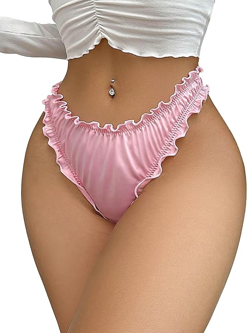 Milumia Women Lettuce Trim Sexy Satin Panty V Cut Frill Trim Ruched Cheeky Underwear Low Waist Bikini Briefs