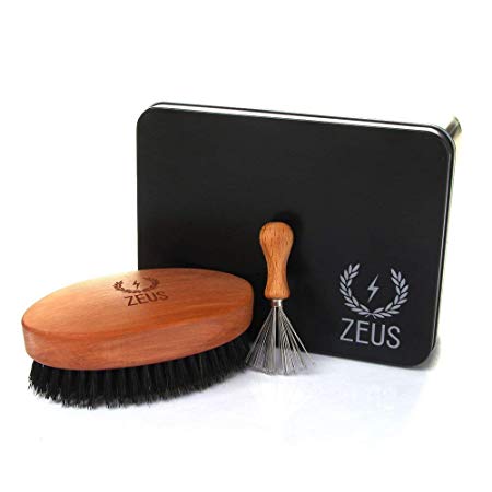 ZEUS Palm Military Style 100% Firm Boar Bristle Beard Brush Set, Firm First Cut