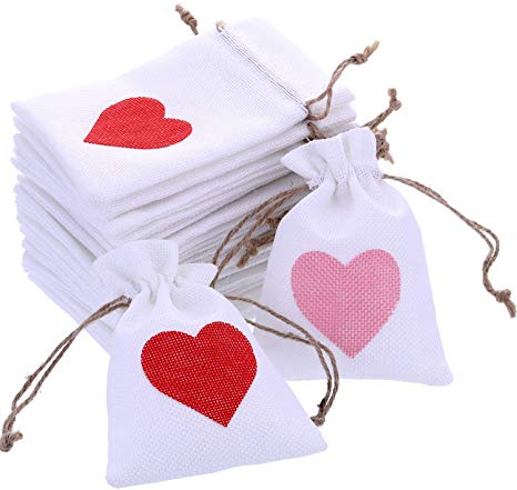 Boao 20 Pieces Valentine Drawstring Bags Fabric Treat Bags Small Gift Bags with Heart Pattern for Valentine's Day Party Favor