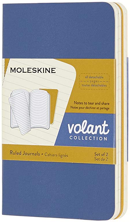 Moleskine Volant Journal, Soft Cover, XS (2.5" x 4") Ruled/Lined, Forget-Me-Not Blue/Amber Yellow (Set of 2)