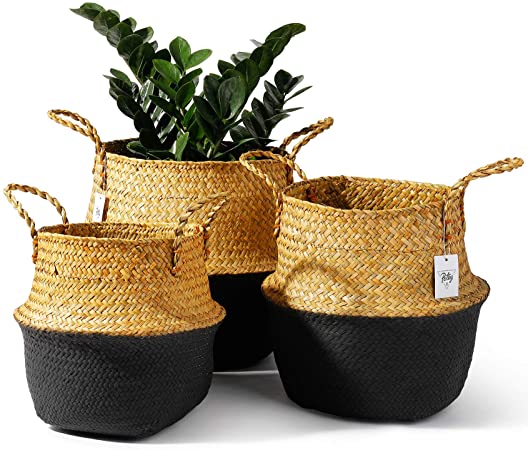 POTEY 730302 Seagrass Plant Basket Set of 3 - Hand Woven Belly Basket with Handles, Large Storage Laundry Picnic Plant Pot Cover Home Decor & Woven Straw Beach Bag (M L XL, Original Black)