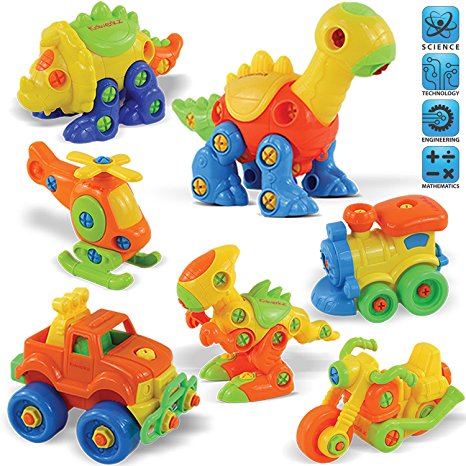 Kidwerkz Set of 7 Take Apart Toys - Dinosaurs, Helicopter, Train, Truck, Motorcycle - STEM Building Set- Hours of Fun - 198 Pieces - Engineering Kit for Boys, Girls, Toddlers - Age 3, 4, 5  Year Old