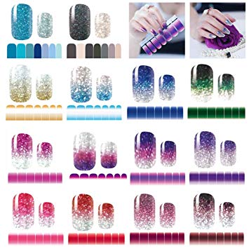 14 Sheets Nail Stickers Glitter Gradient Color Shine Full Wraps Polish Stickers Strips Self-Ashesive Nail Art Sets for Women Girls