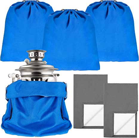 4 Pcs Anti Tarnish Storage Bag with 2 Pcs Silver Polishing Cloth 18 x 18 Inch Fabric Cloth Bags Blue Anti Tarnish Jewelry Storage Bags Silverware Bags for Silverware Silverplate Flatware Silver Trays