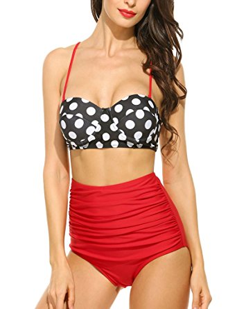 Qearal Women Vintage Polka Dot High Waisted Bathing Suits Bikini Two Pieces Swimsuit