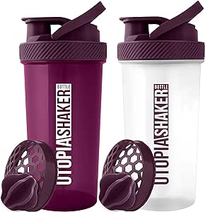 Utopia Home Protein Shaker Bottle - (Pack of 2) 28-Ounce Shaker bottles For Protein Mixes - Fitness Sports Classic Protein Mixer Shaker Bottle (Plum & Clear/Plum)