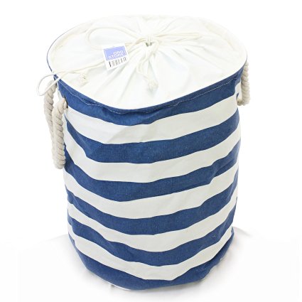 Org Store Navy & White Striped Collapsible Laundry Basket Dirty Clothes Hamper - Perfect for Nursery, Kids Room & Bathroom