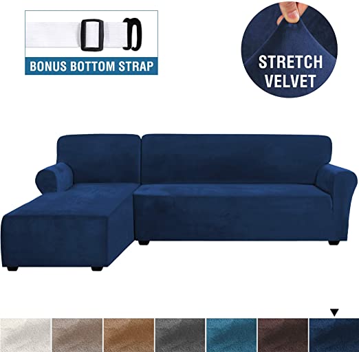 H.VERSAILTEX Rich Velvet Stretch 2 Pieces L-Shaped Sofa Covers Anti-Slip Sectional Sofa Slipcovers with Straps Bottom Luxury Thick Velvet Corner Sofa Cover(Large Size=Left Chaise with 2 Seater, Navy)