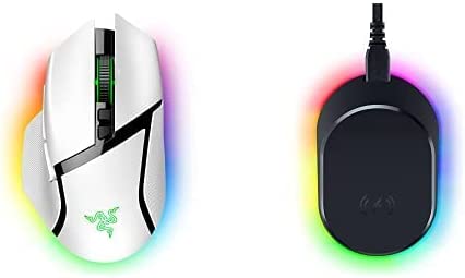 Razer Basilisk V3 Pro Customizable Wireless Gaming Mouse - Mercury White   Mouse Dock Pro with Wireless Charging Puck Bundle