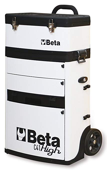 BETA TOOLS MOBILE TOOL TROLLEY WITH 3 SLIDE-OUT DRAWERS AND REMOVABLE TOP BOX WITH CARRY HANDLE - WHITE
