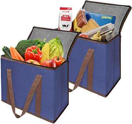 Spogears Reusable Insulated Grocery Bag with Zippered Top Set of 2 X- Large Heavy Duty Insulated Shopping Cooler Bags for Food Transport or Delivery for Hot and Cold Food Items
