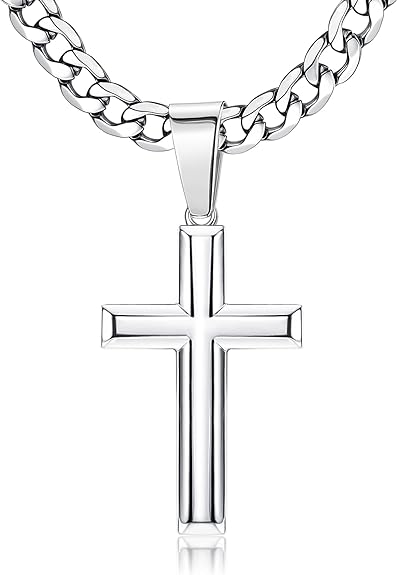 BESTEEL 925 Sterling Silver Cross Necklace for Men Women 5mm Big Beveled Edge Men's Stainless Steel Diamond Cut Durable Cuban Link Chain Curb Chain Crucifix Cross Pendant Necklace Jewelry Gifts 16-30 Inches
