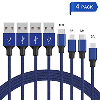 Micro USB Cable, UPMSX 4Pack 3FT/6FT/6FT/10FT Long Premium Nylon Braided Android Charger USB to Micro USB Charging Cable Samsung Charger Cord for Samsung Ga/3 [Blue]