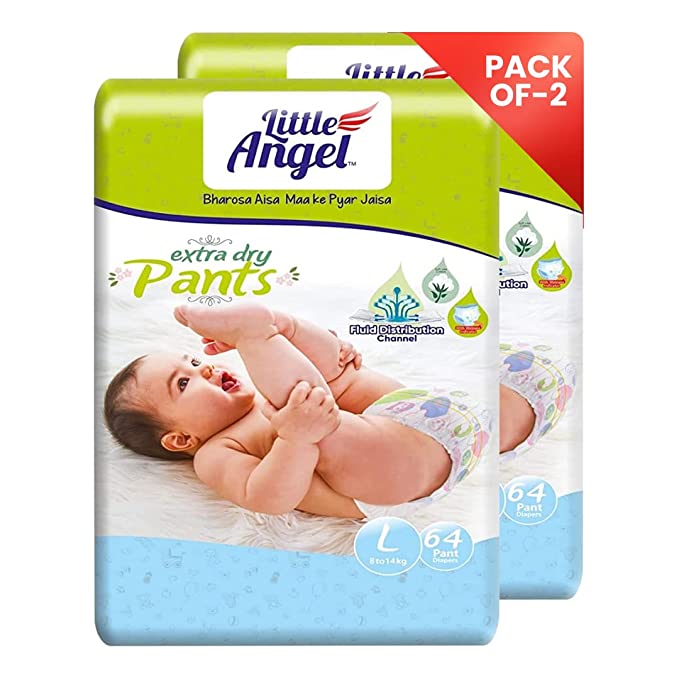 Little Angel Extra Dry Baby Pants Diaper, Large (L) Size, 128 Count, Super Absorbent Core Up to 12 Hrs. Protection, Soft Elastic Waist Grip & Wetness Indicator, Pack of 2, 64 count/pack, 8-14kg