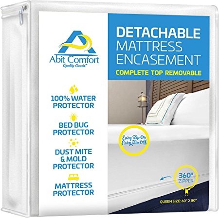 DETACHABLE TOP - Mattress Encasement Cover - Effective Bed Bug & Water Protection - 360˚ Zippered Mattress Protector - Hypoallergenic - Easy to Install - Queen size