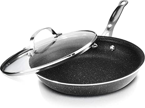 Granitestone Nonstick Fry Pan with Lid, 12-inch Skillet with Glass Cover, Dishwasher Safe, Warp Free and Stay Cool Handles, Black