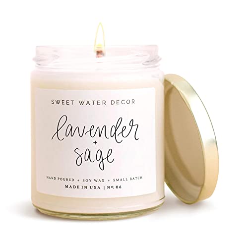 Sweet Water Decor Lavender and Sage Scented Soy Wax Candle for Home | 9oz Clear Glass Jar, 40 Hour Burn Time, Made in the USA