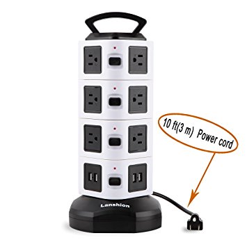 Power Strip, Lanshion 14-Outlet 4-USB 110-250V Worldwide Voltage Surge Protection Power Socket with 9.8 ft Retractable Cable Suitable for Home/Office