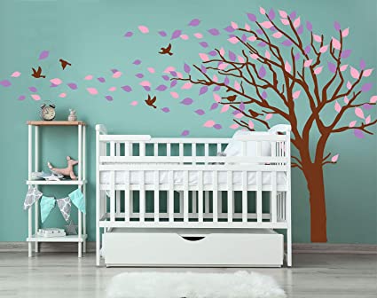 LUCKKYY Tree Blowing in The Wind Tree Wall Decals Wall Sticker Vinyl Art Kids Rooms Teen Girls Boys Wallpaper Murals Sticker Wall Stickers Nursery Decor Nursery Decals (Pink Purple Brown)