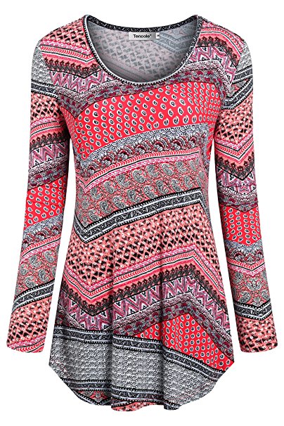 Tencole Women Long Sleeve Shirts Ethnic Style Casual Tunic Tops Pleated Blouse