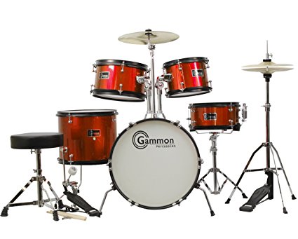 Junior 5-Piece Red Drum Set with Cymbals Sticks Stands Stool and Hardware - Child Kid Size