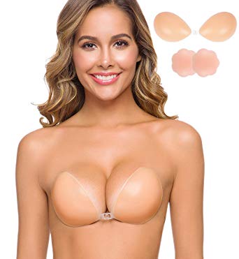 SHINYMOD Strapless Bra, Adhesive Silicone Invisible Backless Push Up Sexy Bra Sticky Reusable Skin Friendly Comfortable Cup Bra & 2Pcs Nipple Covers Padded Bra for Swimsuit Women