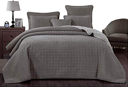DaDa Bedding Corduroy Sherpa Backside Soft Square Pattern - King Size - Quilted Coverlet Bedspread Set - 3-Pieces - Grey