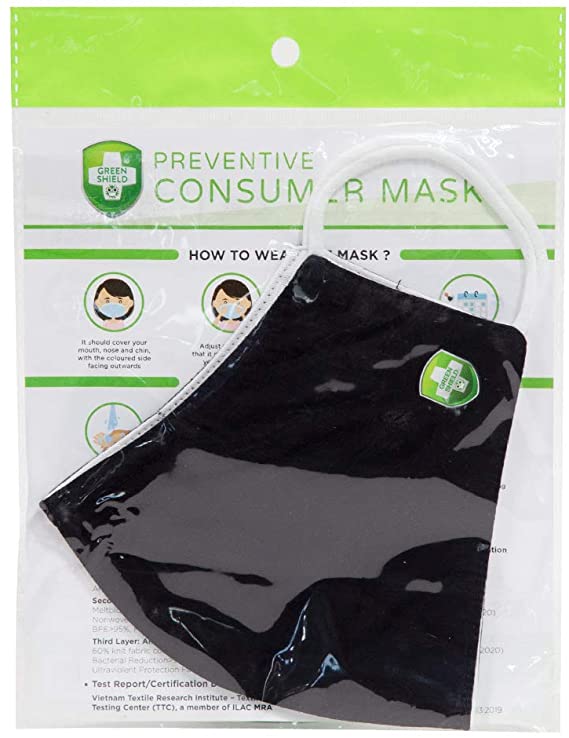 Green Shield Washable Cloth Face Mask - Reusable Triple Layer with Protective Bamboo Cotton Covering, Melt-Blown Fabric, Soft Interior Fabric - 1 Piece Pack (Black, L)