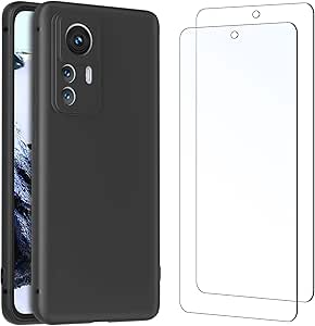 NEW'C Cover per Xiaomi 12T Pro in custodia silicone ultra sottile nero e 2 × vetro temperato per Xiaomi 12T Pro, pellicola protettiva per schermo