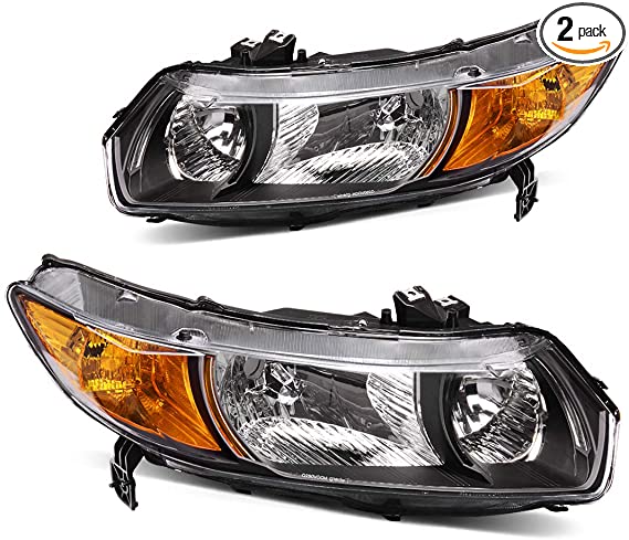 For 2006-2011 Honda Civic 2-Door Coupe Headlight Assembly Black Housing Clear Lens Amber Reflector - Driver and Passenger Side