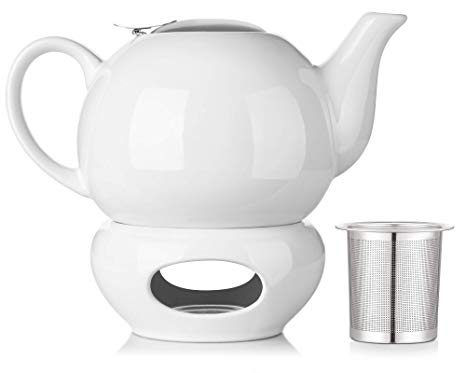 DOWAN 44oz Teapot With Warmer & Stainless Steal Infuser & Lid, White