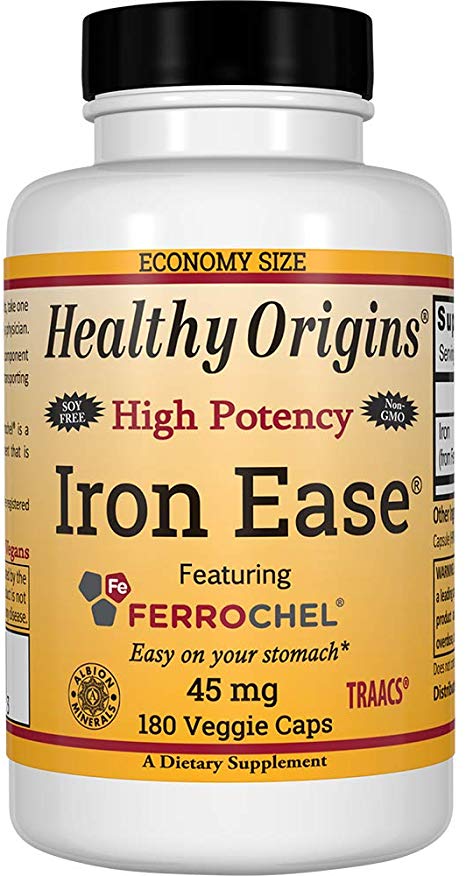 Healthy Origins Iron Ease 45 mg (Featuring Albion Ferrochel, Non-GMO, High Potency, Ferrous Bisglycinate Chelate), 180 Veggie Caps