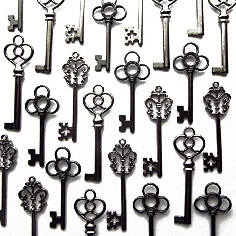Aokbean Mixed Set of 30 Skeleton Keys in Gunmetal Black - Set of 30 Keys