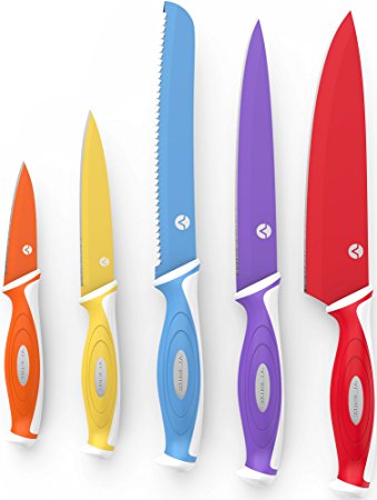 Vremi Professional 10 Piece Chef Knife Set - 5 Colorful Kitchen Knives with Protective Blade Covers - Carving Serrated Utility Paring and Chefs SS Blades for Slicing or Chopping Bread Meat and More
