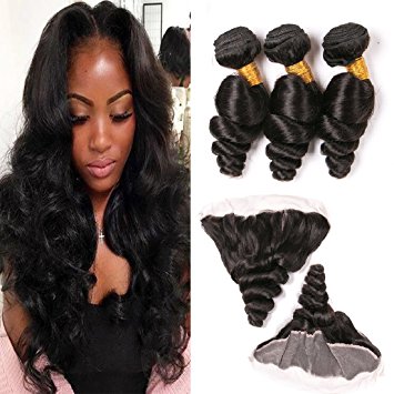 Brazilian Loose Wave Hair With Frontal Bleached Knot 3 Bundles Mink Virgin Human Hair Invisible Part Lace Closure Pieces For Women 12 14 16& 10 Inches Frontals