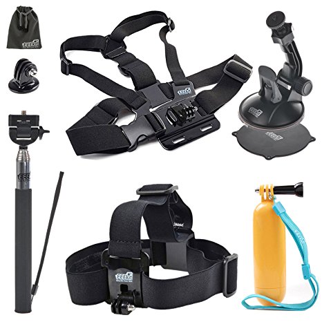 EEEKit Accessories Starter Kit for Vikeepro 2.0 Inch Waterproof Sports Camera, Head Strap/Floaty Grip Handle Pole/Chest Harness/Car Suction Cup/Selfie