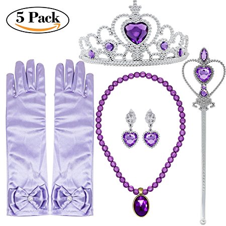 Princess Dress up accessories 5 Pieces Gift Set For Sofia Crown scepter Necklace Earrings Gloves Lavander Purple (Lavander Purple)