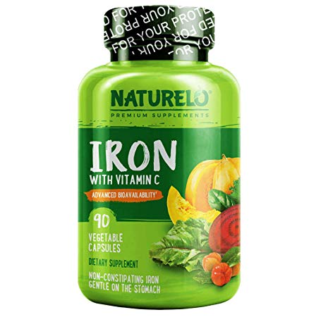 NATURELO Vegan Iron Supplement with Whole Food Vitamin C - Best Natural Iron Pills for Women & Men w/Iron Deficiency Including Pregnancy, Anemia and Vegan Diets - 90 Mini Capsules