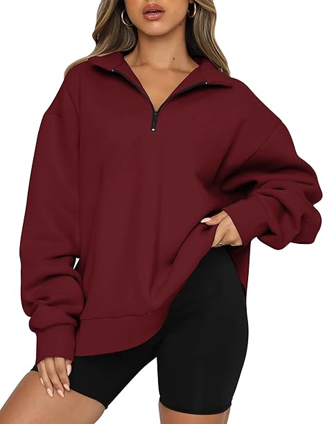 Blansdi Womens Sweatshirts Oversized Half Zip Long Sleeve Solid Color Drop Shoulder Pullover Jacket Trendy Hoodie Outfits