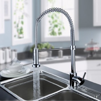 Ouku Deck Mount Contemporary Spring Kitchen Sink Faucet Chrome Finish Tall Curve Spout Bar Faucets Single Hole Kitchen Basin Faucets with Pull Out Led Sprayer 360 Degree Rotatable Swivel Mixer Taps Pull Down Spray Ceramic Valve Plumbing Fixtures