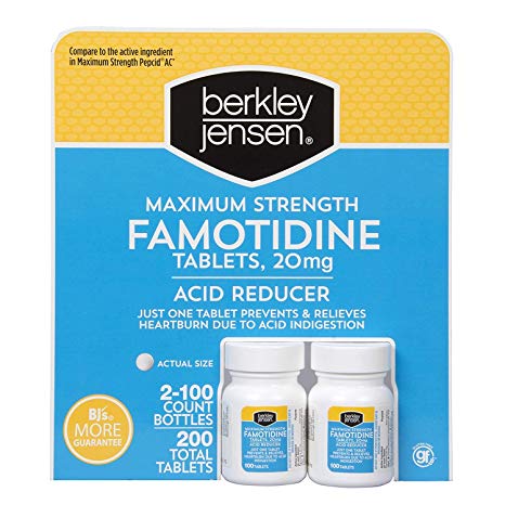 Berkley and Jensen Acid Controller Maximum Strength Famotidine Tablets 20 mg Acid Reducer 100 Tablets Per Bottle (Pack of 2)