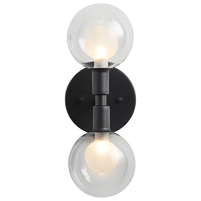 Rivet Mid-Century Modern Wall Sconce, 13.5"H, With Bulb, Matte Black with Glass Globe