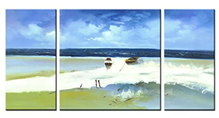 Santin Art-Seaside-Hand-Painted Oil Paintings on Canvas Stretched and Framed Modern Landscape Wall Art Paintings for Wall Decorations Home Decorations GF023 12x24inchx2pcs, 24x24inchx1pc