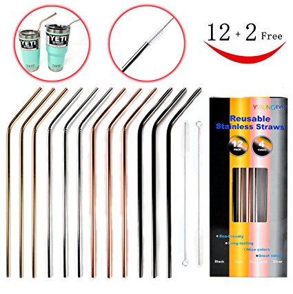 12 2 Pcs Reusable Stainless Steel Straws - Metal Straws - 4 Colors Gold, Silver, Rose Gold & Black - 20 oz & 30 oz Cold Beverage Tumblers Straws, Fits Yeti, RTIC, Ozark Trail Tumblers Cups